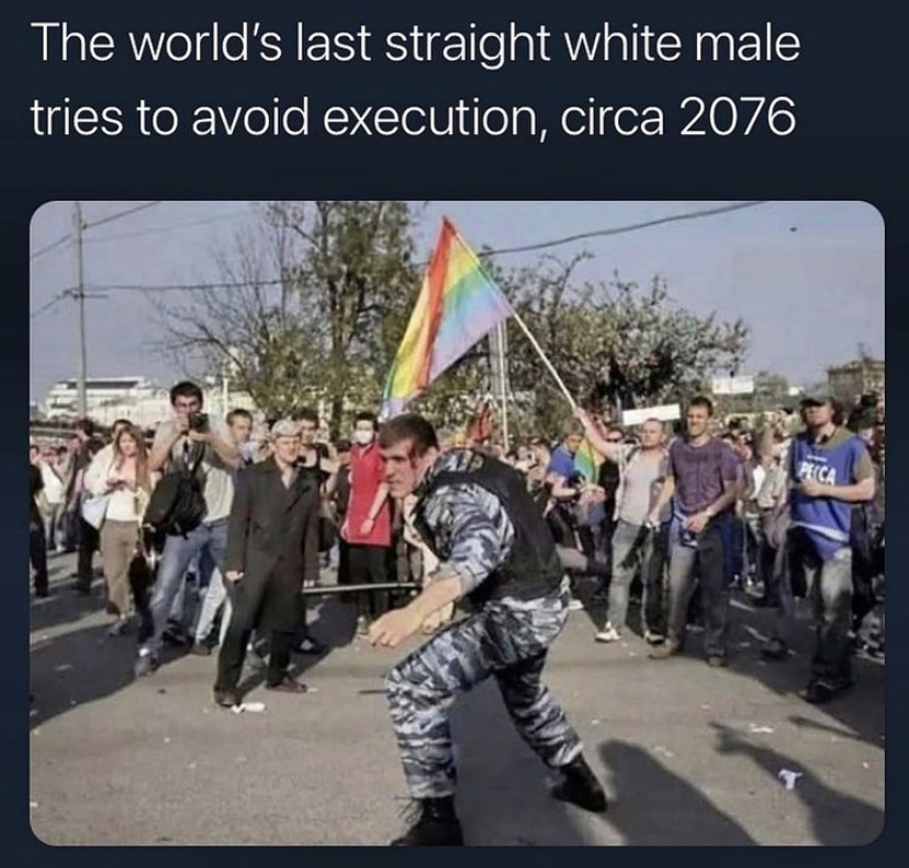 2090 citizens hunt down the last straight man - The world's last straight white male tries to avoid execution, circa 2076