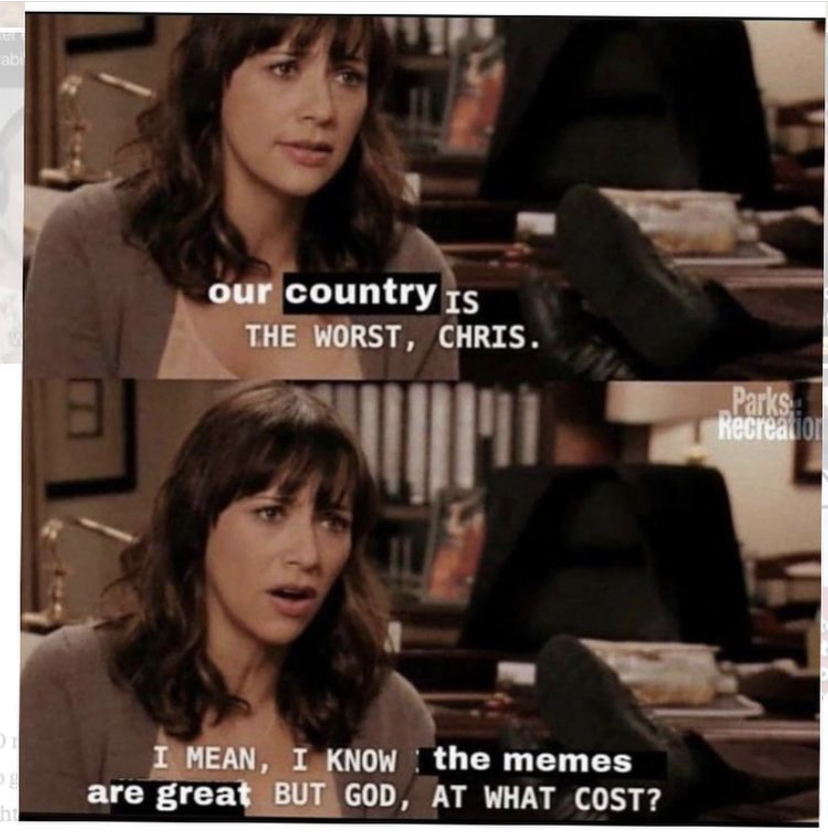 pandr ann - our country is The Worst, Chris. Parks Recreation I Mean, I Know the memes are great But God, At What Cost?