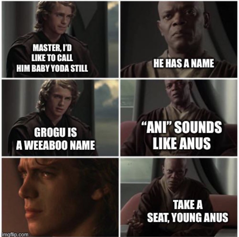 photo caption - Master, I'D To Call Him Baby Yoda Still He Has A Name Grogu Is A Weeaboo Name "Ani" Sounds Anus Take A Seat, Young Anus imgflip.com