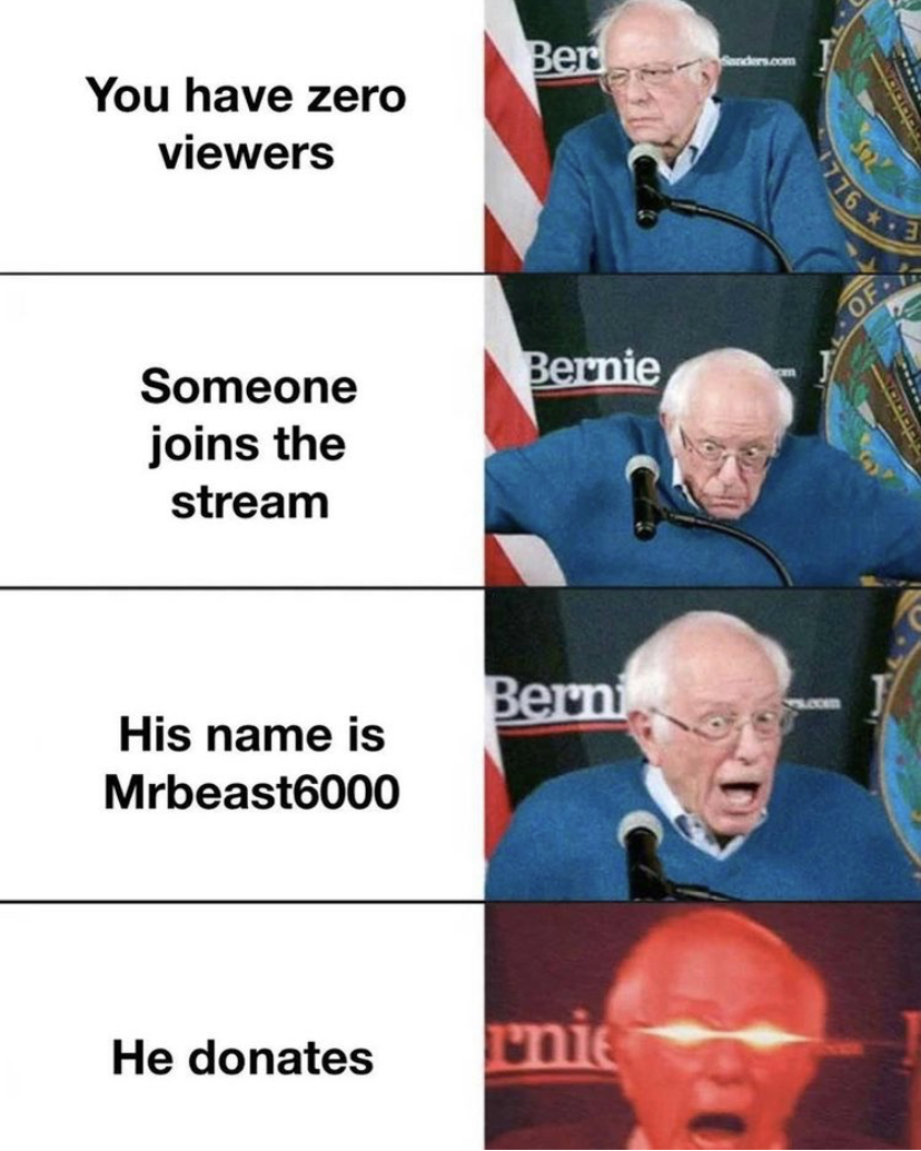 wait that's illegal minecraft memes - Ber You have zero viewers Of Bernie Someone joins the stream Berni His name is Mrbeast6000 He donates mnie