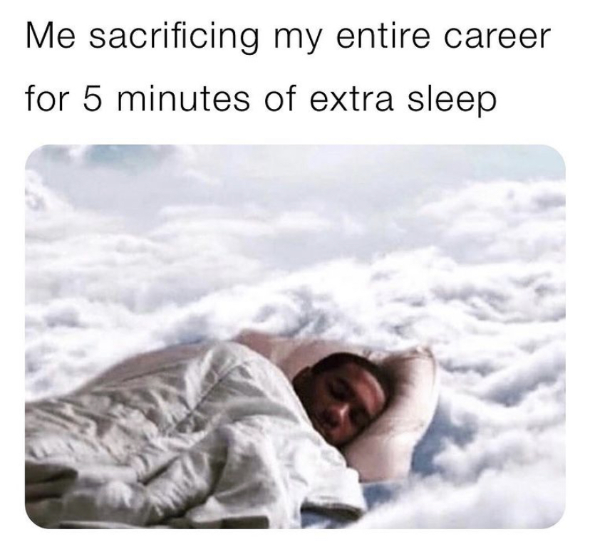 sleep meme - Me sacrificing my entire career for 5 minutes of extra sleep