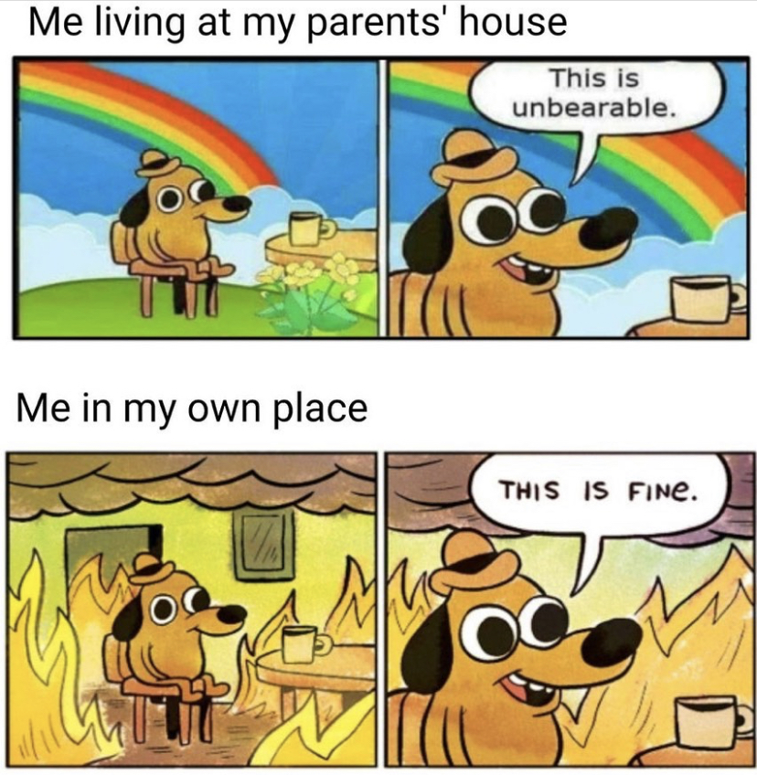 socialism memes - Me living at my parents' house This is unbearable. Me in my own place This Is Fine.
