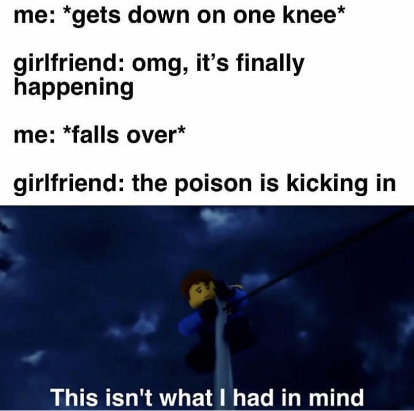 water - me gets down on one knee girlfriend omg, it's finally happening me falls over girlfriend the poison is kicking in This isn't what I had in mind