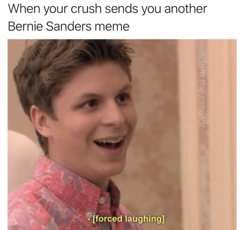 michael cera reaction - When your crush sends you another Bernie Sanders meme adam.the.creator forced laughing