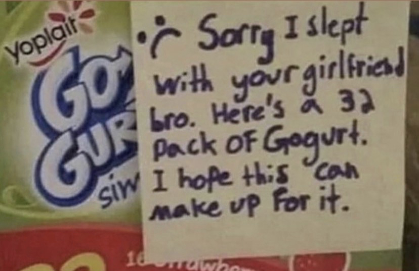 yoplait - Yoplait Goy Gur . Sorry I slept with your girlfriend bro. Here's a 32 Pack of Gogurt. siw I hope this can Make up for it. 10 wawe