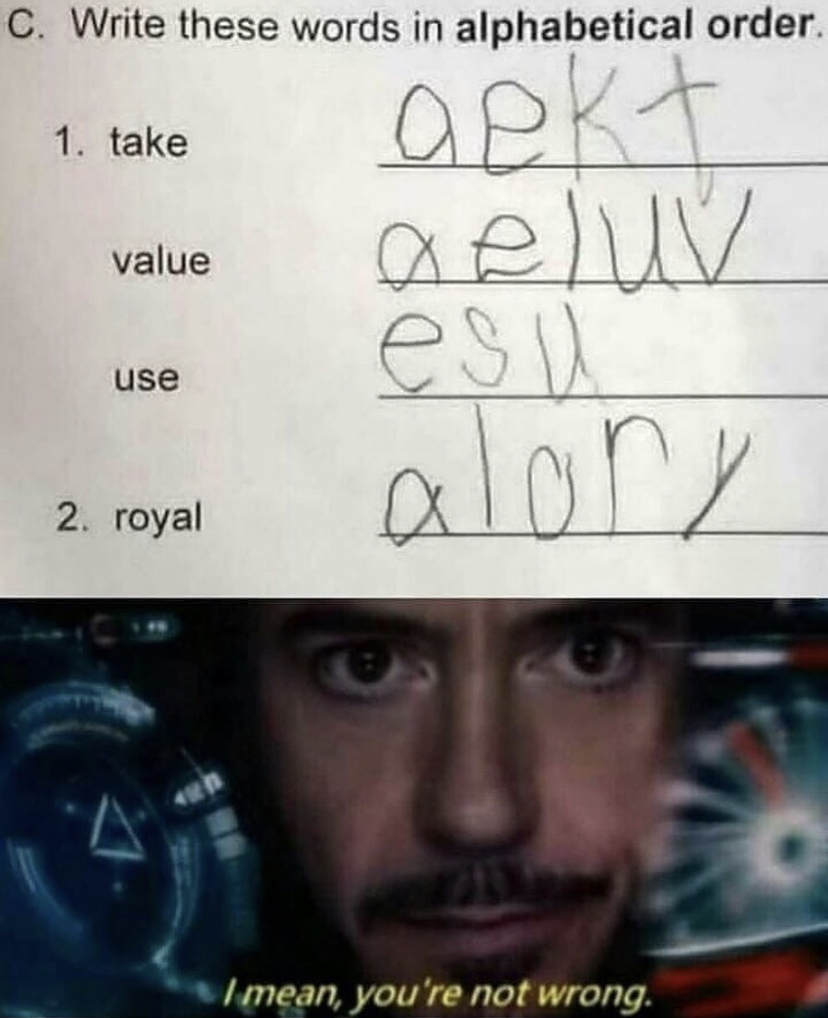 1895 1896 - C. Write these words in alphabetical order. 1. take apkt 2 a eluv value use alory 2. royal I mean, you're not wrong.