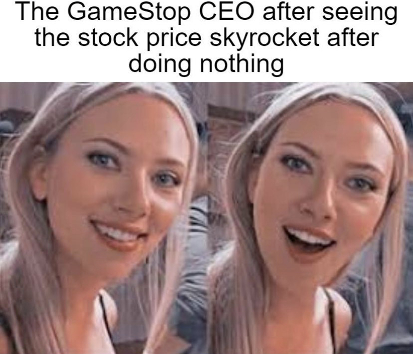 surprised scarlett johansson meme - The GameStop Ceo after seeing the stock price skyrocket after doing nothing