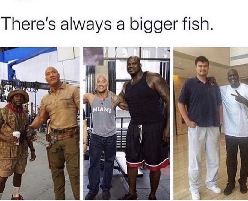 funny memes - kevin hart the rock shaq yao ming - There's always a bigger fish. Miami