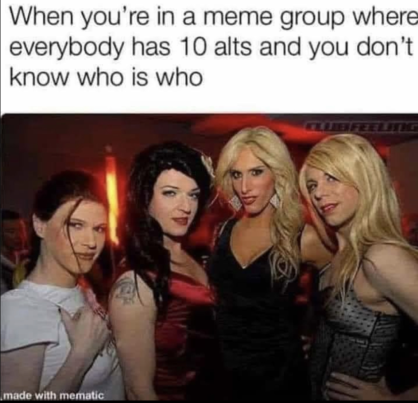 dank memes - funny memes - friendship - When you're in a meme group where everybody has 10 alts and you don't know who is who made with mematic