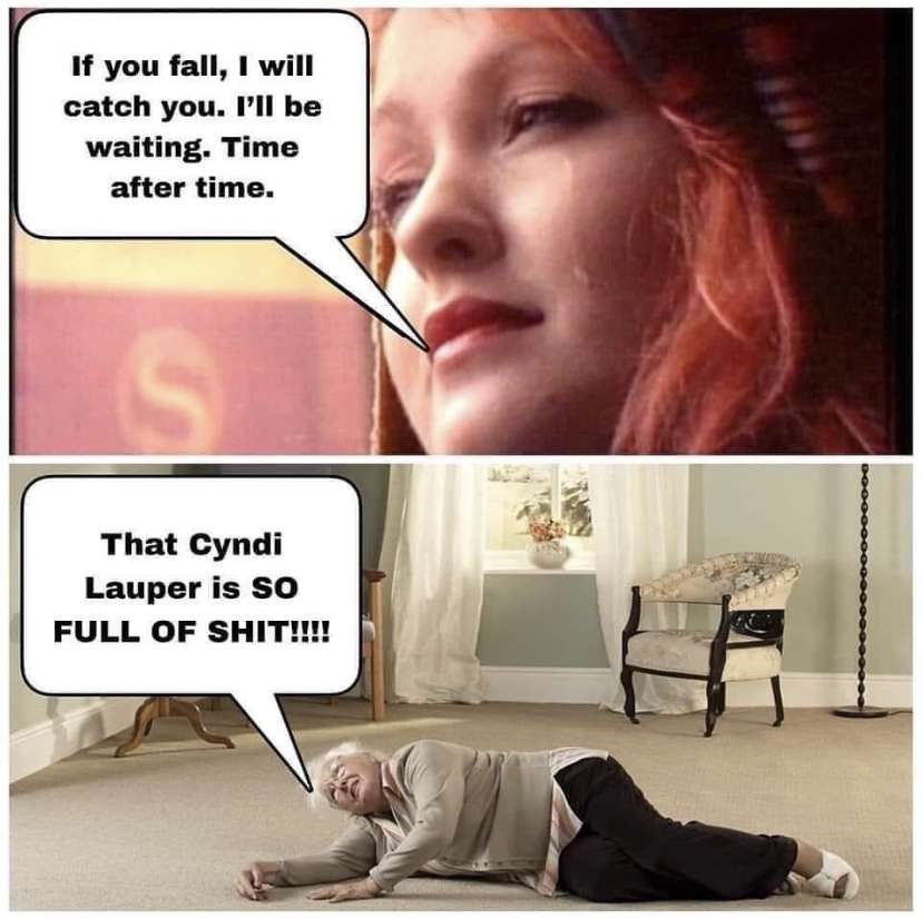 dank memes - photo caption - If you fall, I will catch you. I'll be waiting. Time after time. That Cyndi Lauper is So Full Of Shit!!!!