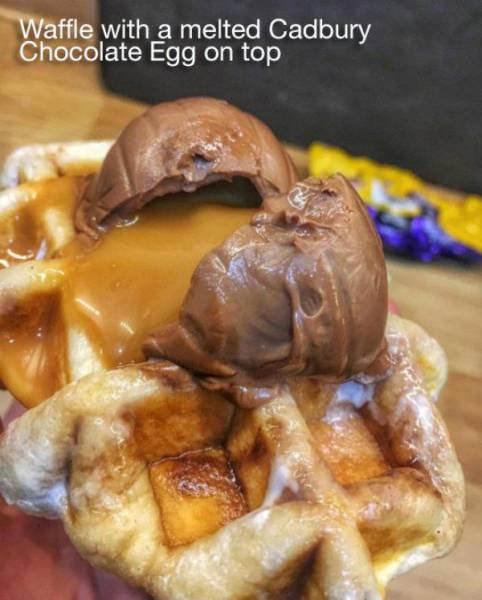 meme fried food - Waffle with a melted Cadbury Chocolate Egg on top