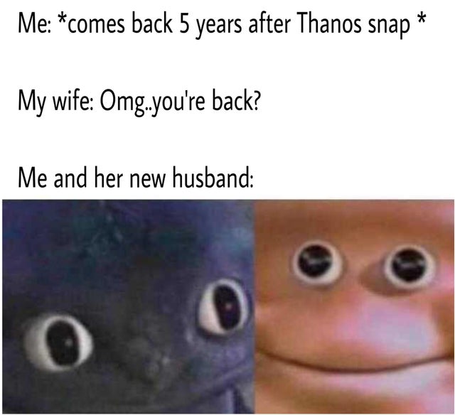 funny meme - roblox memes - Me comes back 5 years after Thanos snap My wife Omg.you're back? Me and her new husband