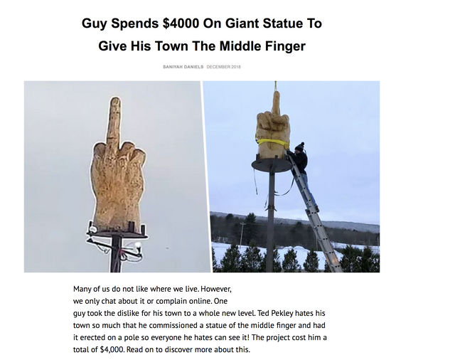funny meme - man builds middle finger statue - Guy Spends $4000 On Giant Statue To Give His Town The Middle Finger Saniyah Daniels Many of us do not where we live. However, we only chat about it or complain online. One guy took the dis for his town to a w