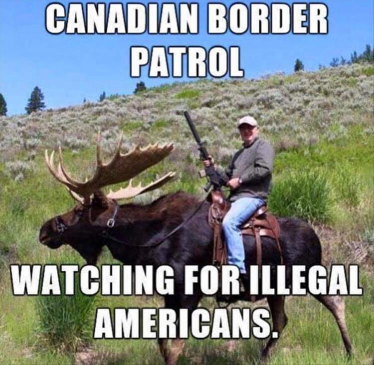 Canadian riding a moose like it is a horse and caption that it is the Canadian Border Patrol
