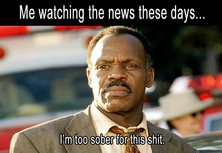 Danny Glover's Roger Murtaugh looking Too Old For This Shit but swapped out with Sober to make a meme about watching the news.