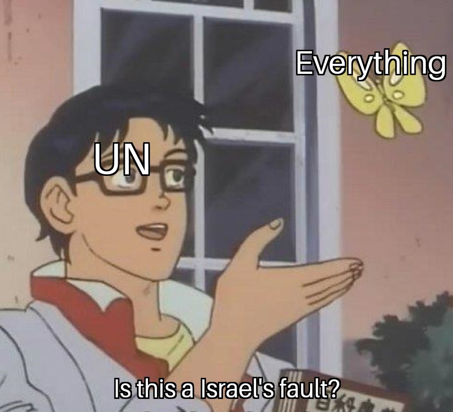 Political meme about how the UN tries to blame everything on Israel, or at least it seems that way.