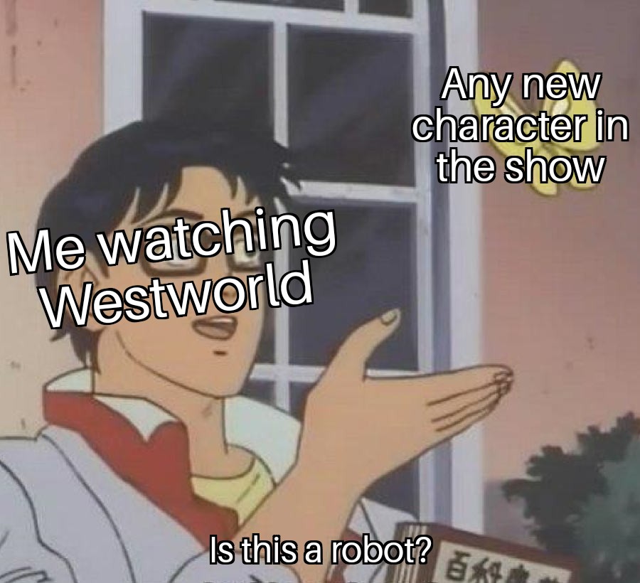 Meme about Westworld and how it make you wonder if every new character is a robot.