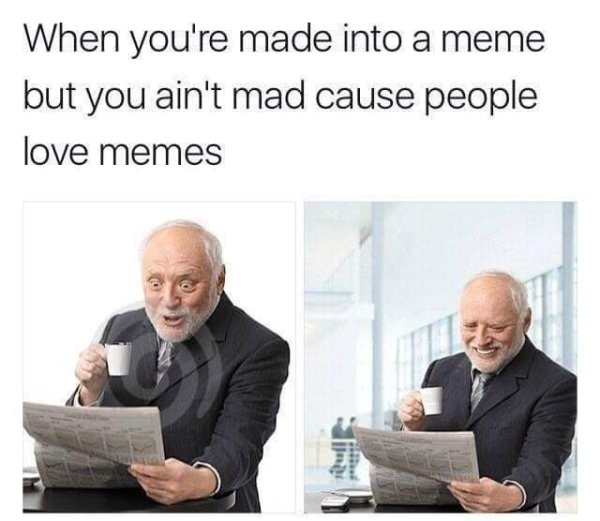 Hide The Hurt Harold not being mad that he is a meme because people love memes