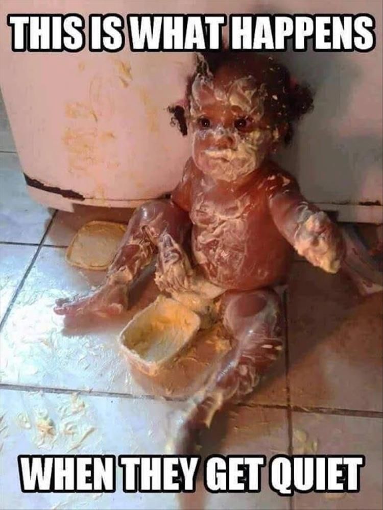 funny picture of baby with batter all over him making a mess on the floor