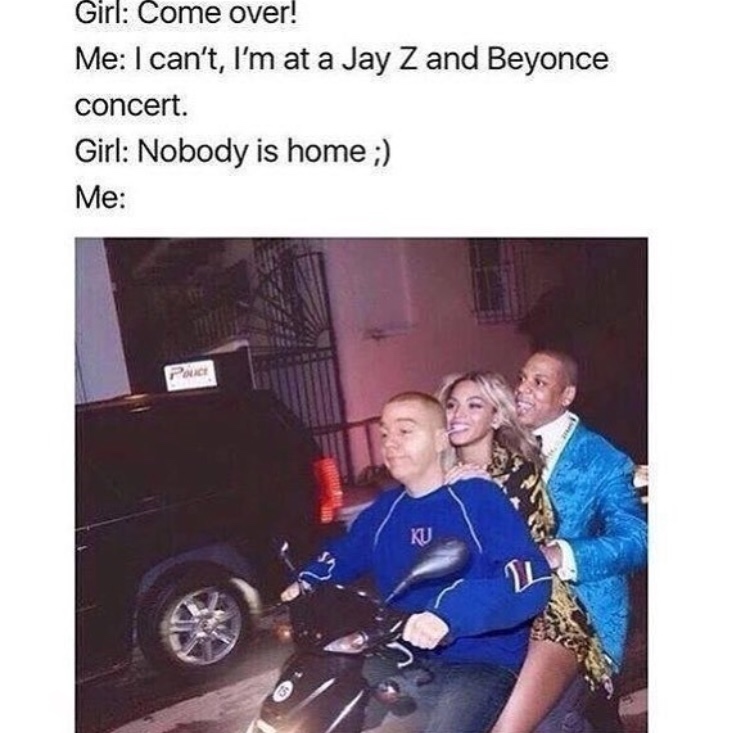 Parents aren't home right now with kid on scooter with Beyonce and Jay-Z