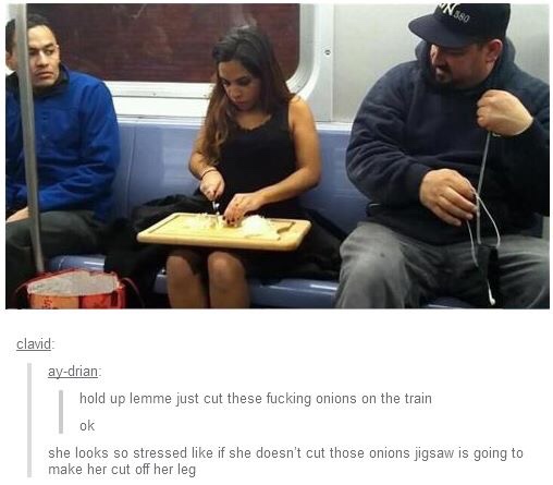 funny picture of girl chopping onions on the subway
