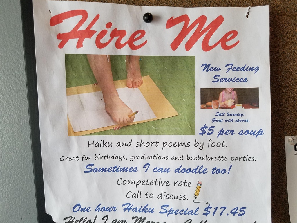 flyer for someone who can write haiku with their foot