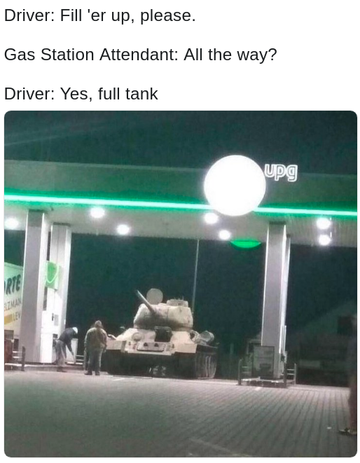 dank meme of a pun about filling a tank with gas