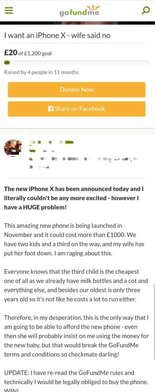 Go Fund Me Page of someone who wants people to help him buy a new iphone 10