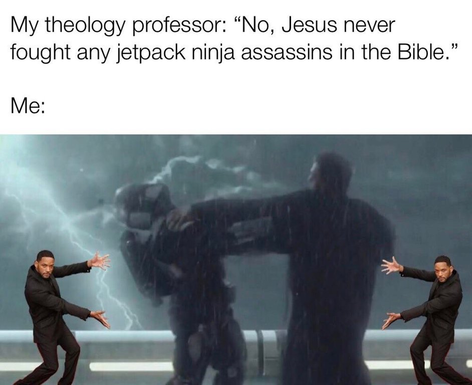 Will Smith Meme of a Jedi fighting a robot with caption joking about Jesus doing something like that