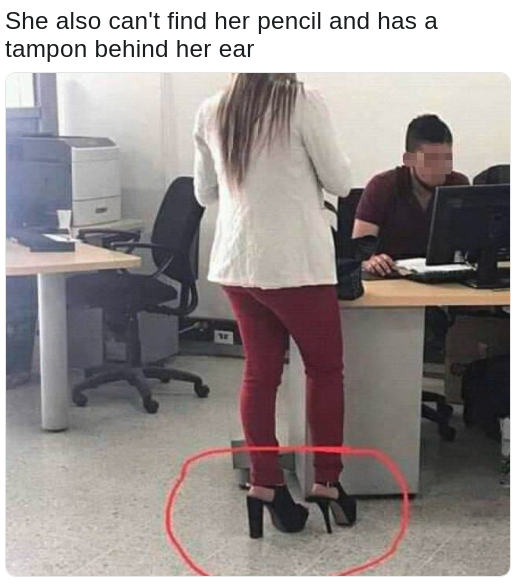 woman wearing mis matched shoes joked to also have tampon behind her ear and can't find her pencil