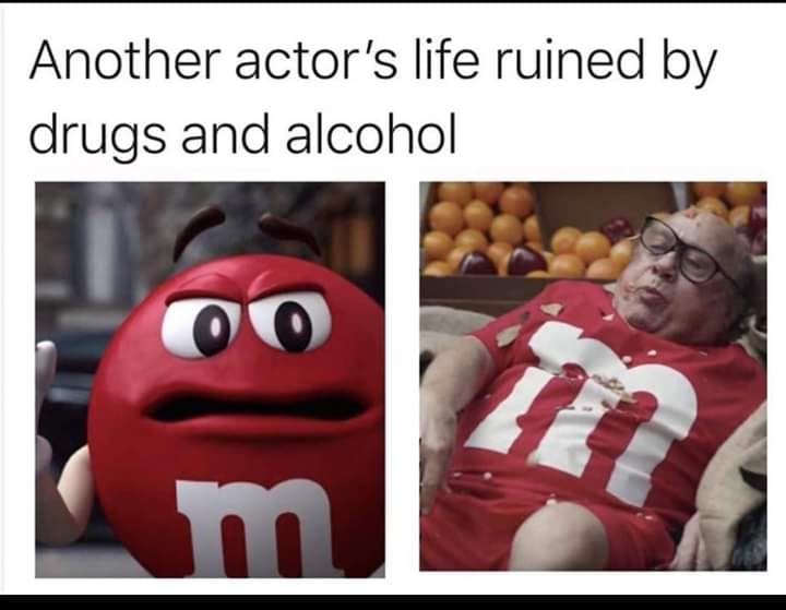 meme of those candy m&m's that ruined their life to drugs and alchol with picture of Danny DeVito in an M jersey