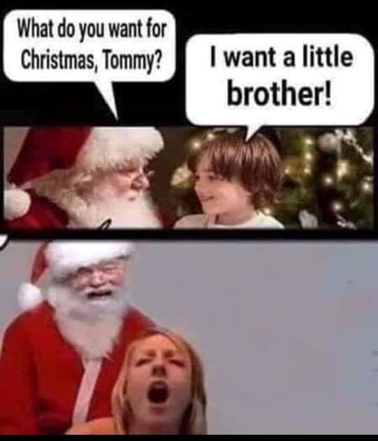 dank Christmas meme of kid telling santa he wants a brother and santa with the kids mom in the next frame