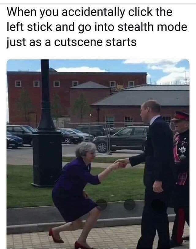 Theresa May curtseying in meme about accidentally using stealth mode