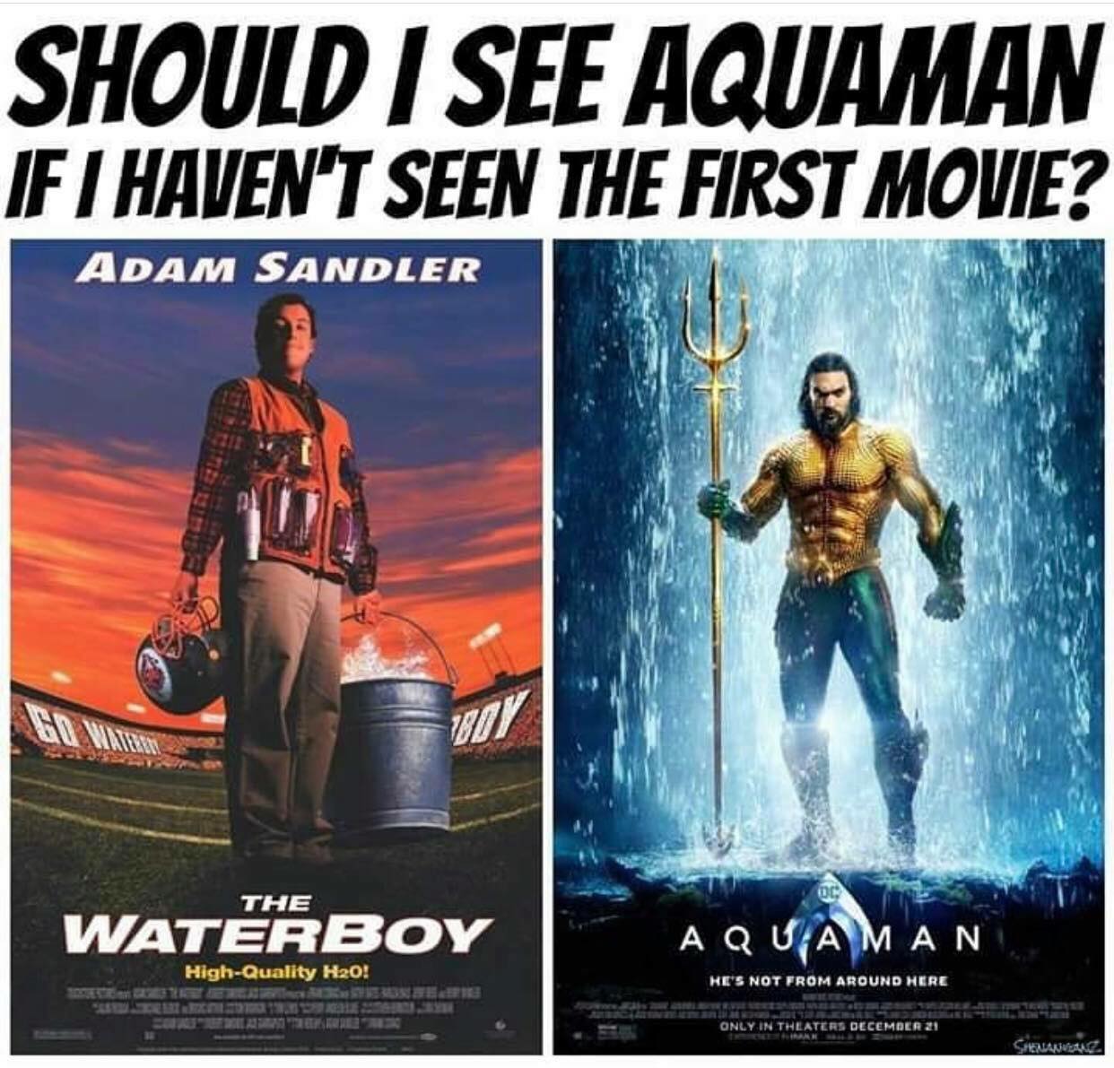dank meme about the prequel for Aquaman, the Adam Sandler Water Boy movie