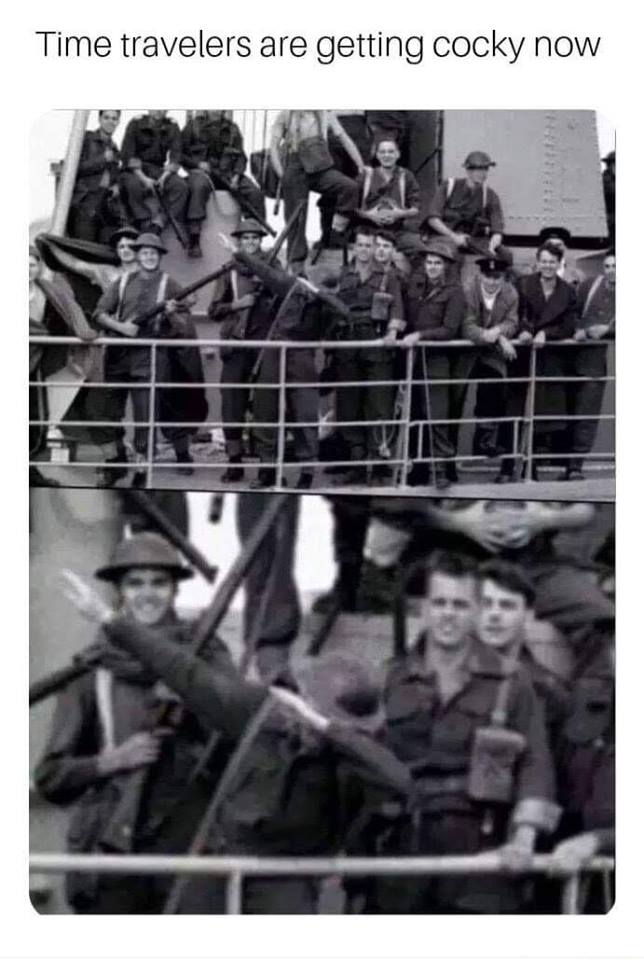 time traveling meme with a black and white pic of soldiers on a boat with one of them dabbing