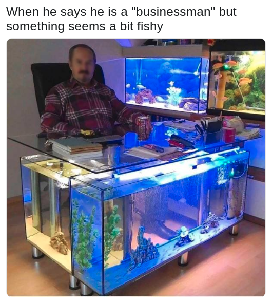 pun about fishy business with pic of a man sitting behind a desk made of aquariums