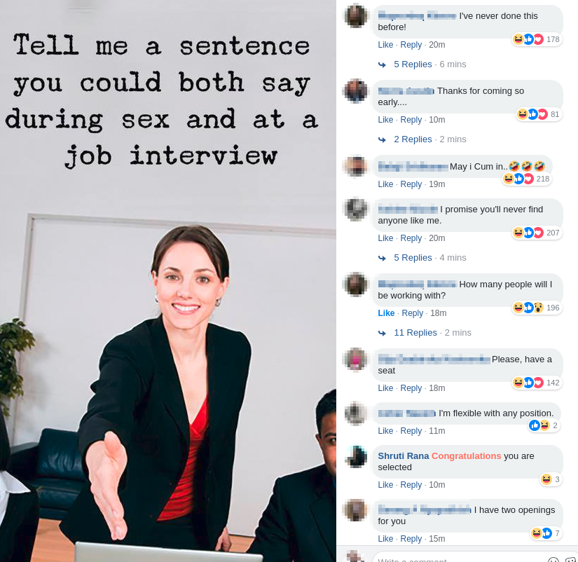 Facebook thread of funny sentences that work both during sex and at a job interview