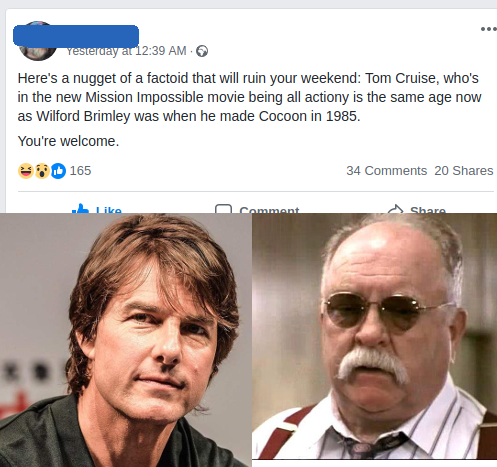 Facebook post about Tom Cruise being old enough to play a retiree in a movie