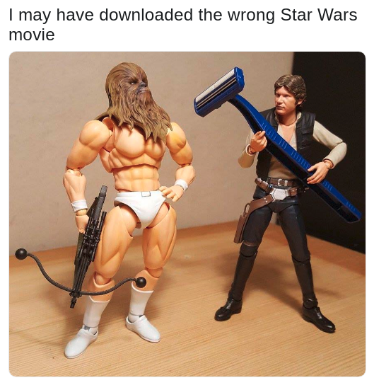 pic of a Chewbacca action figure with a hairless body next to a Han Solo action figure holding a razor