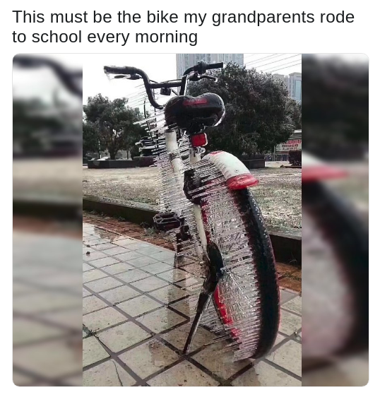 meme about grandparents going to school in cold weather with pic of a bike covered in frozen ice
