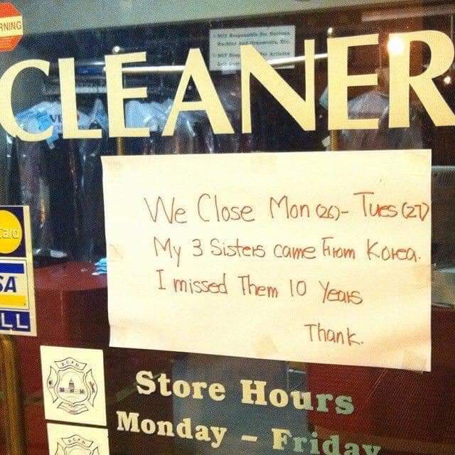 sign on a business' door saying the owner is closing to spend time with sisters they haven't seen for 10 years