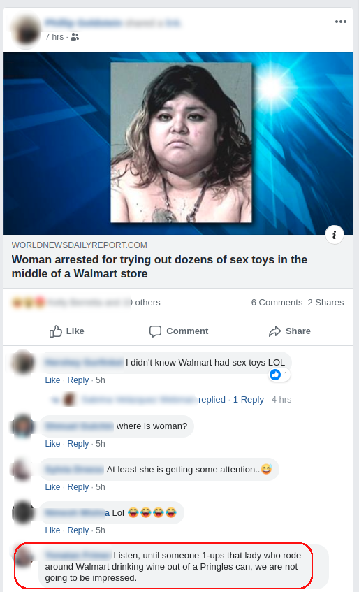 Facebook comments reacting to headline about a woman getting frisky in Walmart