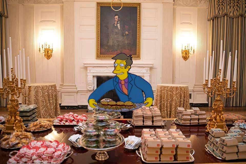 pic of the White House dinner table with Principal Skinner serving burgers