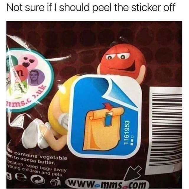 M&M bag with a strategically placed sticker putting two M&Ms in a suggestive situation