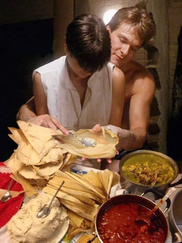 iconic pottery scene from the movie Ghost photoshopped to look like they're making tamales
