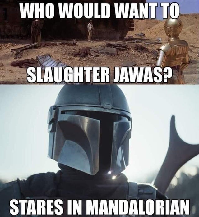 mandalorian meme - Who Would Want To Slaughter Jawas? Stares In Mandalorian