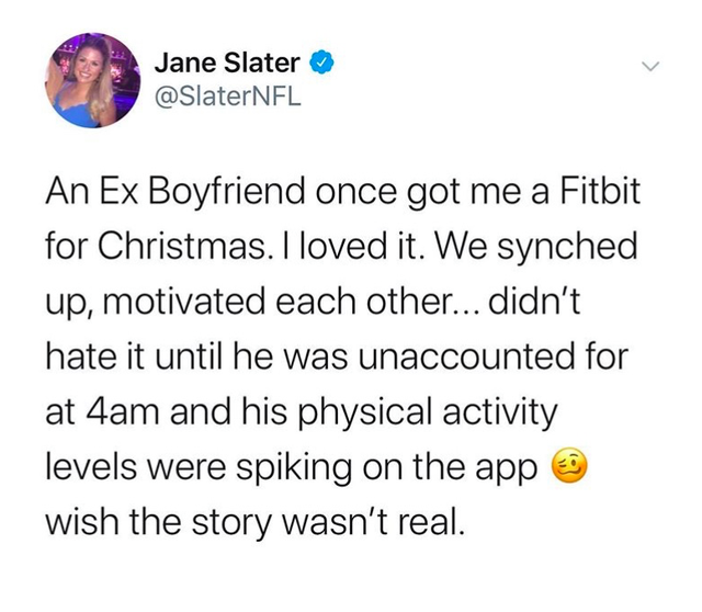 justin trudeau twitter - Jane Slater An Ex Boyfriend once got me a Fitbit for Christmas. I loved it. We synched up, motivated each other... didn't hate it until he was unaccounted for at 4am and his physical activity levels were spiking on the app wish th