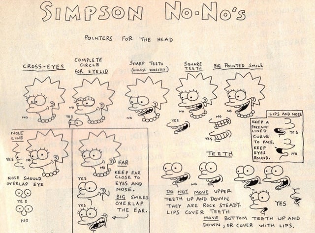 simpsons drawing rules - Simpson NoNo's Pointers For The Head CrossEyes Complete Circle For Eyelid Sharp Teeth Unless Directed Square Big Pointed Smile sm m m m m. ra 6 Scoob Nose o Lips And Nose Keep A Stream Lined S Yes Curve To Face. Keep Eyes Teeth No