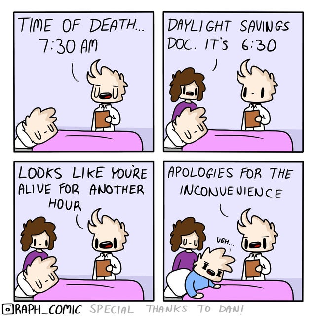 comics - Time Of Death... Daylight Savings Doc. It'S Looks You'Re Apologies For The Alive For Another || Inconvenience Hour ORAPH_COMIC Special Thanks To Dani