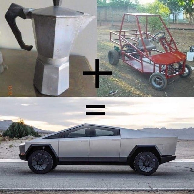 meme about how the texla cybertruck looks like those old aluminium kettles